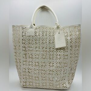 Tory Burch white geometric laser cut out tote bag